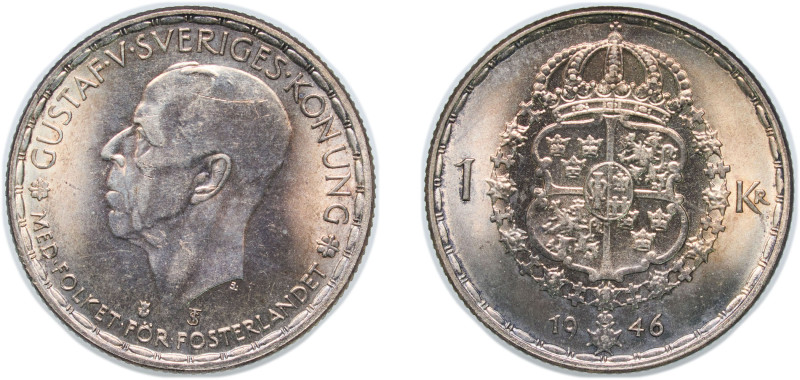 Sweden Kingdom 1946 TS 1 Krona - Gustaf V Billon (.400 silver) (19170454) 7.02g ...