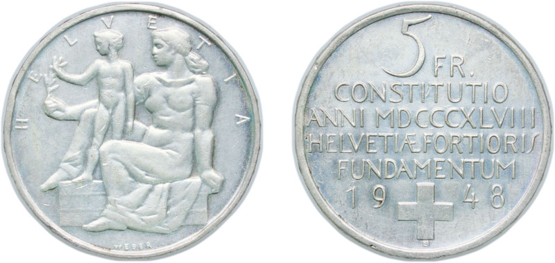 Switzerland Federal State 1948 B 5 Francs (Constitution) Silver (.835) Bern Mint...