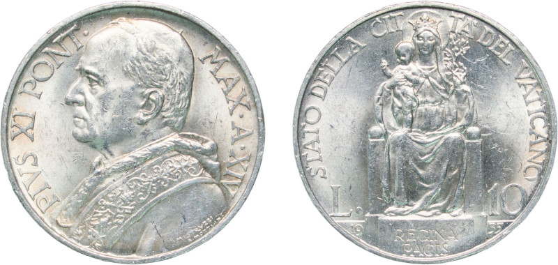 Vatican City City State 1935 10 Lire - Pivs XI Silver (.835) Rome Mint (50000) 9...