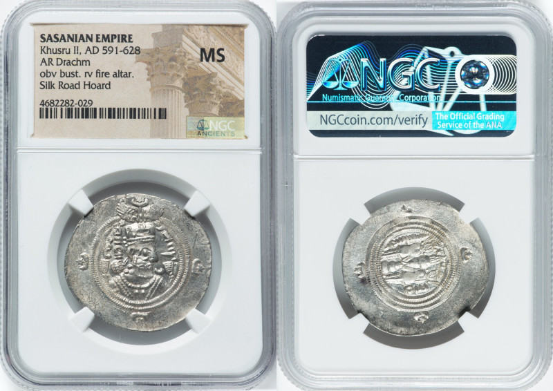 SASANIAN EMPIRE. Khusru II (AD 591-628). AR drachm (32mm, 3h). NGC MS. Bust of K...