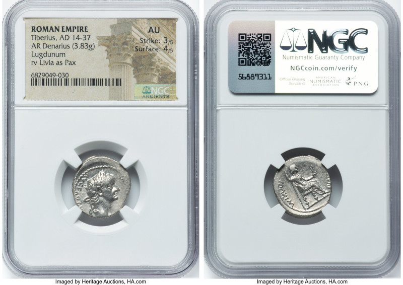 Tiberius (AD 14-37). AR denarius (19mm, 3.83 gm, 11h). NGC AU 3/5 - 4/5. Lugdunu...