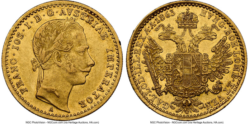 Franz Joseph I gold Ducat 1863-A AU55 NGC, Vienna mint, KM2264, Fr-491. HID09801...