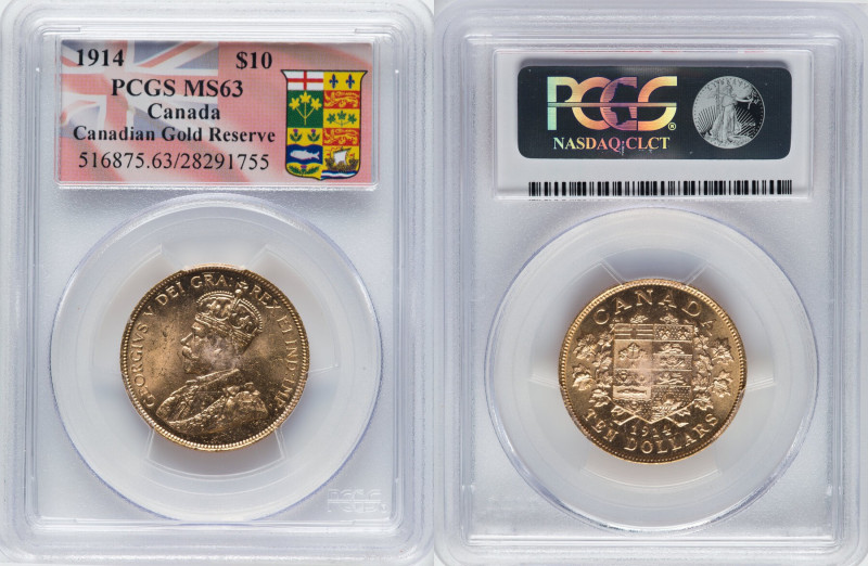 George V gold 10 Dollars 1914 MS63 PCGS, Ottawa mint, KM27, Fr-3. Canadian Gold ...