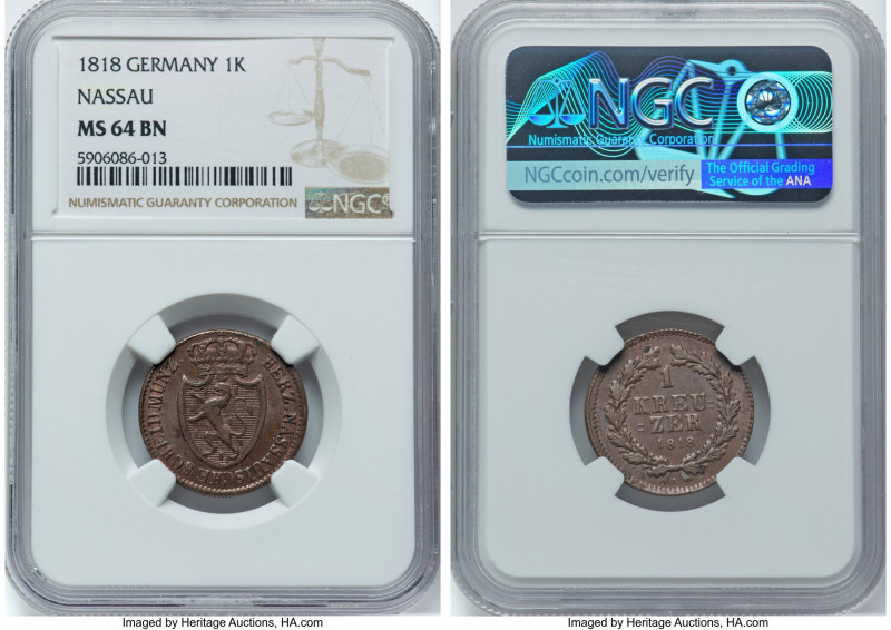 Nassau. Wilhelm Kreuzer 1818-L MS64 Brown NGC, Limburg mint, KM43, AKS-51. HID09...