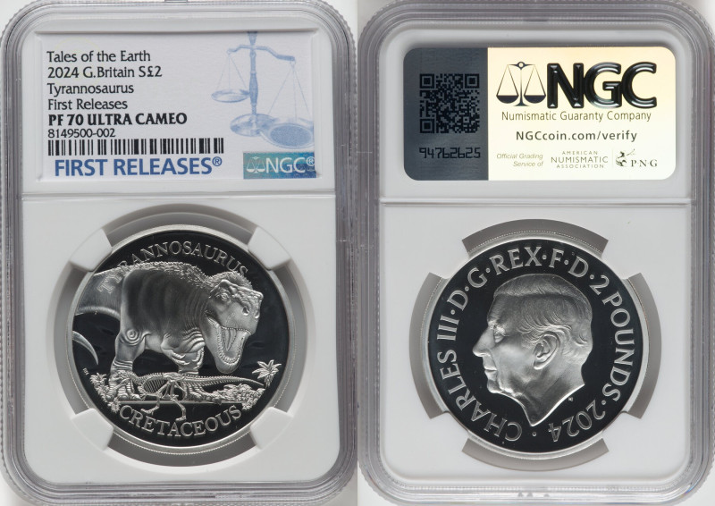 Charles III silver Proof "Tyrannosaurus" 2 Pounds (1 oz) 2024 PR70 Ultra Cameo N...