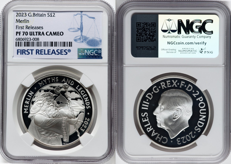 Charles III silver Proof "Merlin" 2 Pounds (1 oz) 2023 PR70 Ultra Cameo NGC, Min...