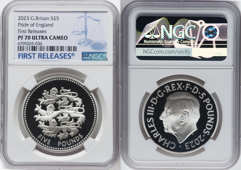 Charles III silver Proof "Pride of England" 5 Pounds 2023 PR70 Ultra Cameo NGC, ...