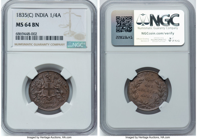 British India. East India Company 1/4 Anna 1835-(c) MS64 Brown NGC, Calcutta min...