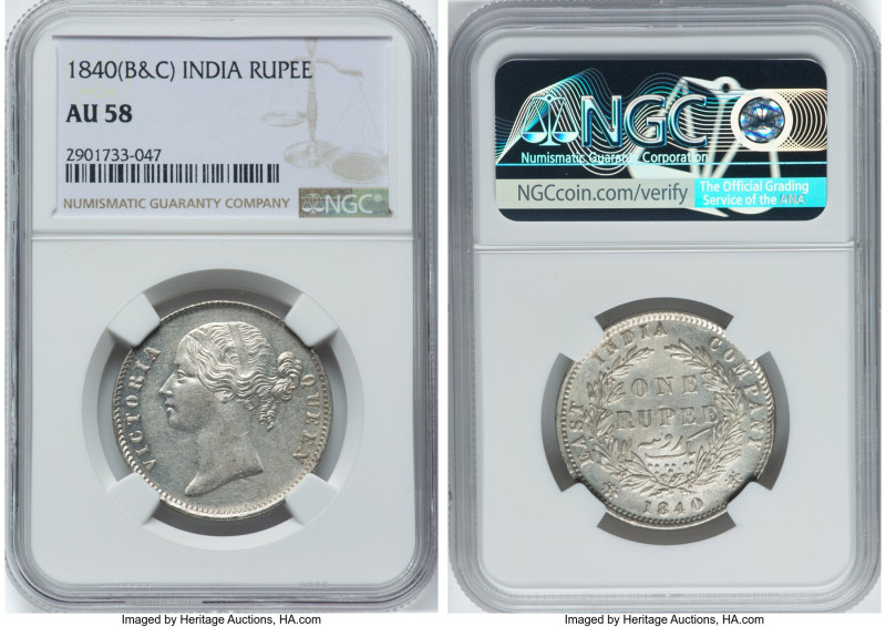 British India. Victoria Pair of Certified Rupees 1840 (b & c) NGC, 1) Rupee - AU...