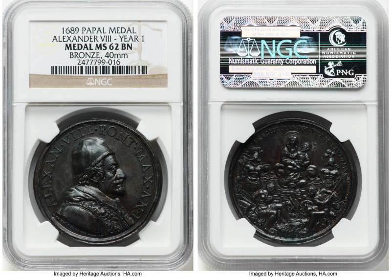 Papal States. Alexander VIII bronze Medal Anno I (1689) MS62 Brown NGC, Lincoln-...