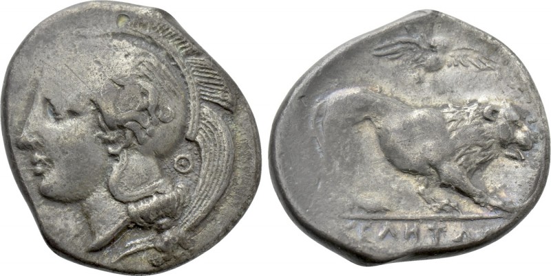 LUCANIA. Velia. Nomos (Circa 340-334 BC). 

Obv: Helmeted head of Athena left;...