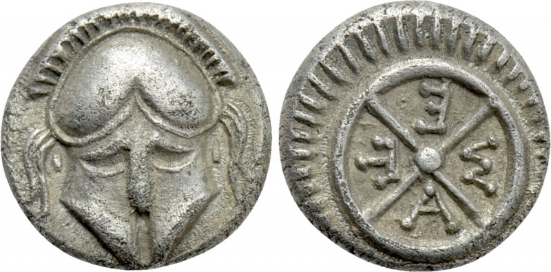 THRACE. Mesambria. Diobol (Circa 420-320 BC). 

Obv: Facing helmet.
Rev: M - ...