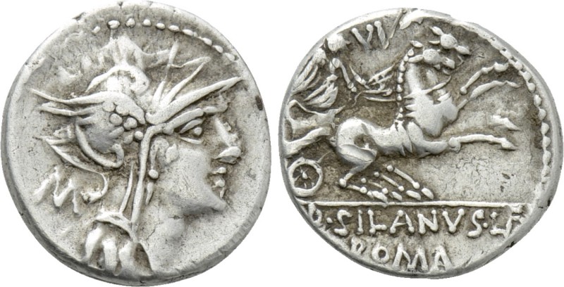 D. SILANUS L.F. Denarius (91 BC). Rome. 

Obv: Helmeted head of Roma right; M ...