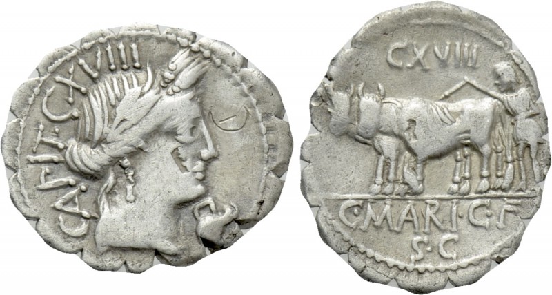 C. MARIUS C.F. CAPITO. Serrate Denarius (81 BC). Rome. 

Obv: CAPIT CXVIII. 
...