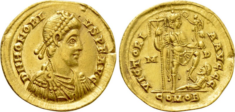 HONORIUS (393-423). GOLD Solidus. Mediolanum.

Obv: D N HONORIVS P F AVG.
Dia...