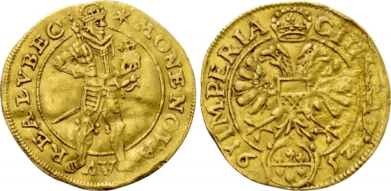 GERMANY. Lübeck. GOLD Ducat (1652). 

Obv: ✷ MONE NOVA AVREA LVBEC. 
Emperor ...
