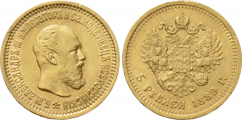 RUSSIA. Alexander III (1881-1894). GOLD 5 Roubles (1889-AΓ). St. Petersburg. 
...
