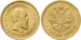 RUSSIA. Alexander III (1881-1894). GOLD 5 Roubles (1889-AΓ). St. Petersburg.