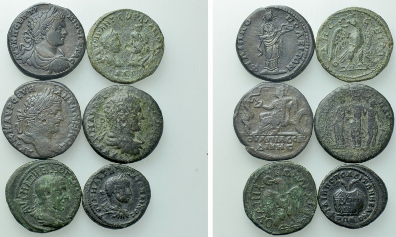 6 Roman Provincial Coins; Some Heavily Tooled. 

Obv: .
Rev: .

. 

Condi...
