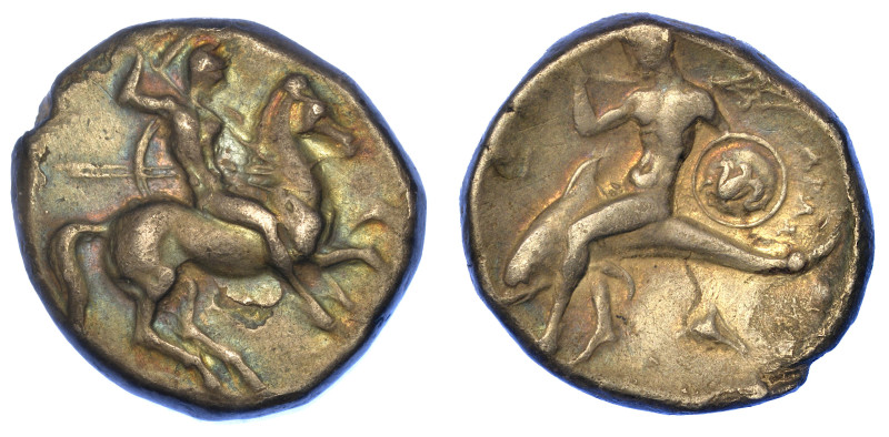 CALABRIA - TARANTO.

Nomos, 315-302 a.C.

Guerriero a cavallo a d. con lanci...