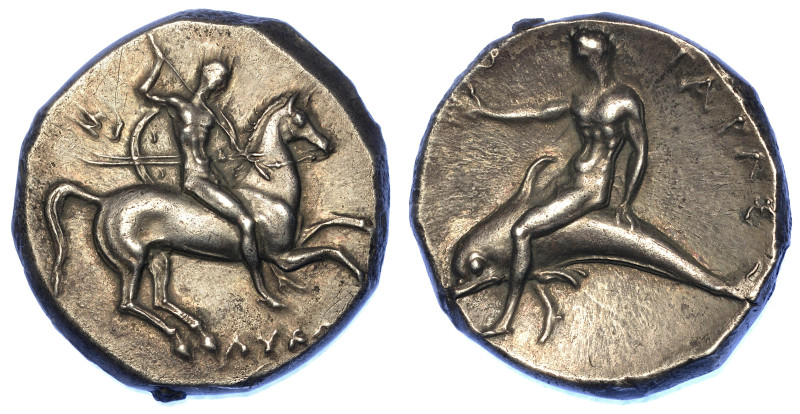 CALABRIA - TARANTO.

Nomos, 302-280 a.C.

Cavaliere nudo a d. con lancia e s...