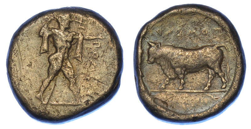LUCANIA - POSEIDONIA.

Nomos, 480-400 a.C.

Poseidone in piedi a d., barbuto...