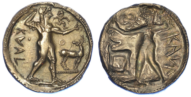 BRUTTIUM - CAULONIA.

Nomos, 550-480 a.C.

Apollo Catharsio avanza verso d. ...