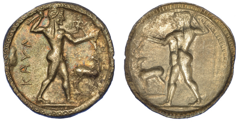 BRUTTIUM - CAULONIA.

Nomos, 550-480 a.C.

Apollo Catharsio avanza verso d. ...