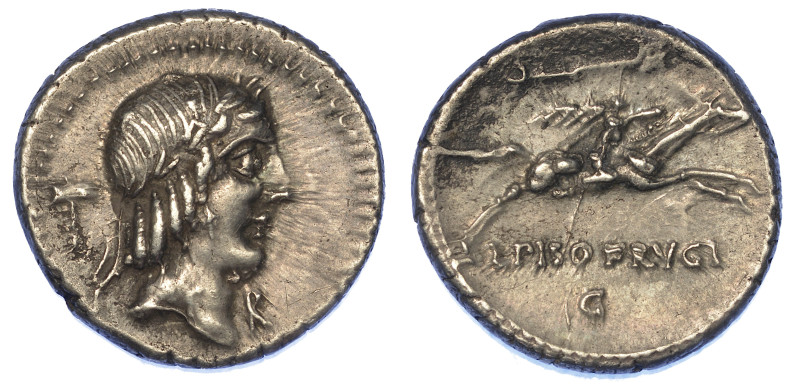 CALPURNIA.

L. Calpurnius Piso Frugi, 90 a.C. Denario.

Testa laureata di Ap...