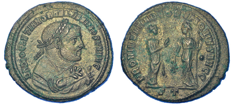 DIOCLEZIANO, 284-305.

Follis, anno 305. Ticinum.

Busto laureato a d. nel m...