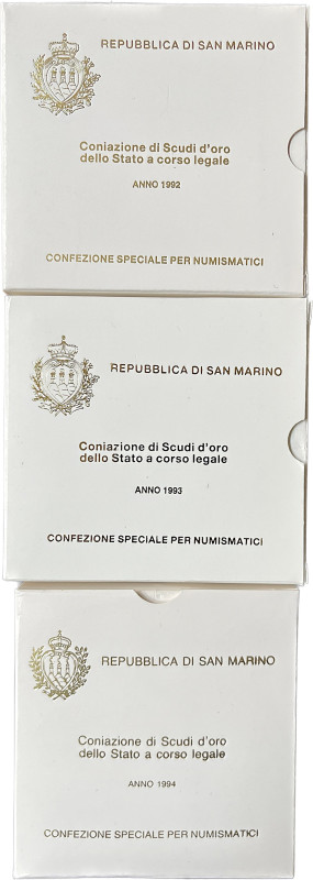 SAN MARINO.

Lotto di tre astucci.

Emissioni in oro (titolo 917) da 2 Scudi (3 ...