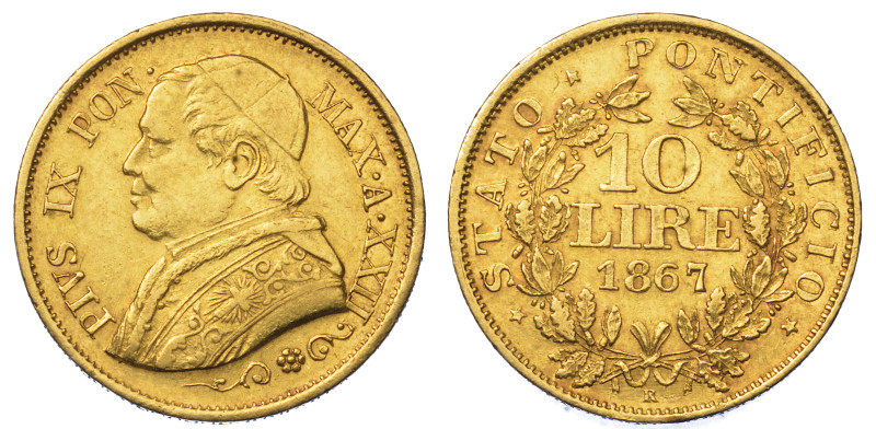 STATO PONTIFICIO. PIO IX, 1846-1878.

10 Lire 1867/A. XXII.

Busto del Papa ...