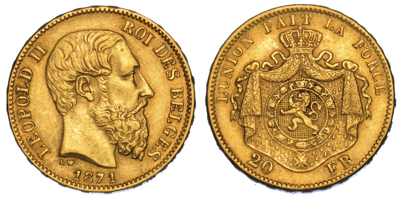 BELGIO. LEOPOLD II, 1865-1909.

20 Francs 1871.

Testa a d. R/ Stemma corona...