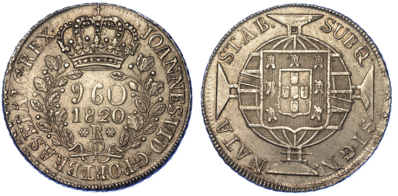 BRASILE. JOAO VI, 1816-1826.

960 Reis 1820 ribattuto su 8 reales spagnolo. Ri...