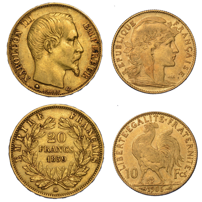 FRANCIA. Lotto di due monete.

NAPOLEON III, 1852-1870. 20 Francs 1859. Strasb...