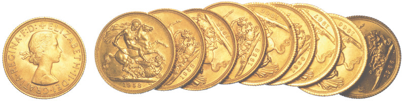 REGNO UNITO. ELIZABETH II, 1953-2022. Lotto di dieci monete.

Sovereign. Testa...