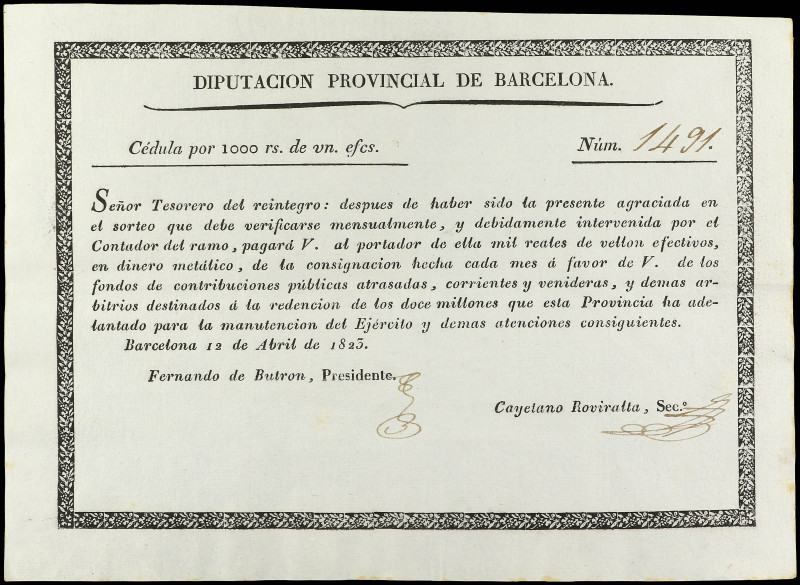 Cédula por 1.000 Reales de Vellón efectivos. 12 Abril 1823. DIPUTACIÓN PROVINCIA...