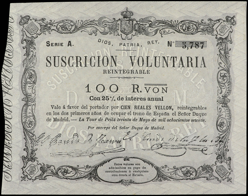 Suscripción Voluntaria 100 Reales de Vellón. 30 Mayo 1870. CARLOS VII PRETENDIEN...