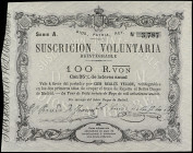 Suscripción Voluntaria 100 Reales de Vellón. 30 Mayo 1870. CARLOS VII PRETENDIENTE. LA TOUR DE PEILZ. Ed-196. EBC.