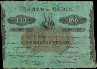 100 Reales de Vellón. (25 Julio 1847). BANCO DE CÁDIZ. III Emisión. (Pequeñas roturas). Ed-78; LB-9CA. MBC-.
