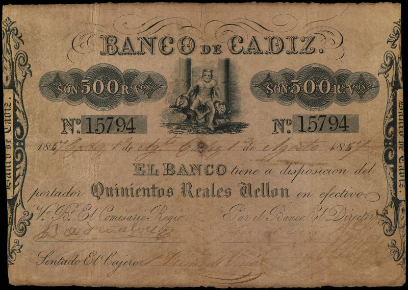 500 Reales de Vellón. 1 Agosto 1857. BANCO DE CÁDIZ. I Emisión. (Mínimas roturas...