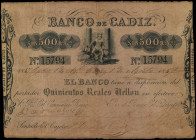 500 Reales de Vellón. 1 Agosto 1857. BANCO DE CÁDIZ. I Emisión. (Mínimas roturas en centro). Ed-72. MBC.