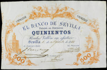 500 Reales de Vellón. 1 Agosto 1866. EL BANCO DE SEVILLA. Firmas manuscritas. (Ligeras pérdidas de papel en los pliegues y en el contorno de la filigr...