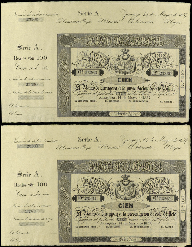 Lote 2 billetes 100 Reales de Vellón. 14 Mayo 1857. BANCO DE ZARAGOZA. Serie A. ...