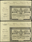 Lote 2 billetes 100 Reales de Vellón. 14 Mayo 1857. BANCO DE ZARAGOZA. Serie A. Con matriz, margen superior y sin firmas. Pareja correlativa. Ed-126B....