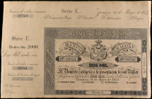 2.000 Reales de Vellon. 14 Mayo 1857. BANCO DE ZARAGOZA. Serie E. Con matriz superior e izquierda. Sin firmas. Ed-130B. EBC-.