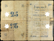 Obligación de 25 Pesetas. 1 Octubre 1883. BANCO DE FELANITX (Mallorca). Serie D. Taladros en forma de estrella de 5 puntas. (Roturas y reparaciones co...
