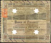 Obligación de 50 Pesetas. 1 Julio 1903. BANCO DE FELANITX (Mallorca). Serie E. Taladros en forma de estrella de 5 puntas. (Roturas y reparaciones con ...