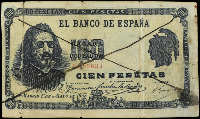 100 Pesetas. 1 Mayo 1900. Quevedo. Serie B. FALSO DE ÉPOCA. Tachado con una gran...