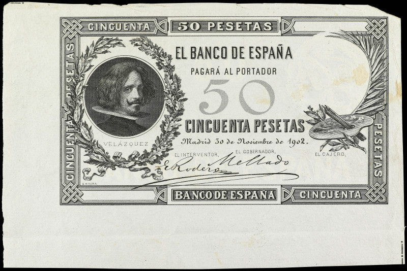 Prueba de Anverso 50 Pesetas. 30 Noviembre 1902. Velázquez. (Manchitas, mal cort...